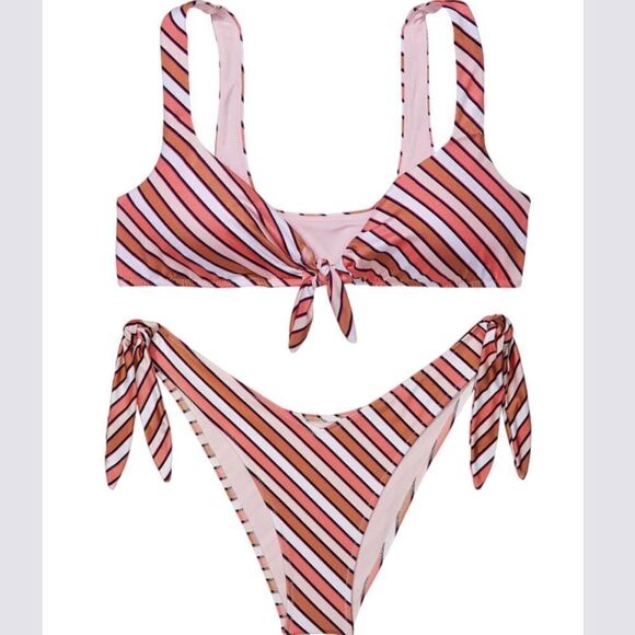 Victoria’s Secret Swim Tie-front Bralette Bikini Top & Bottom Set Warm stripes - Picture 1 of 9